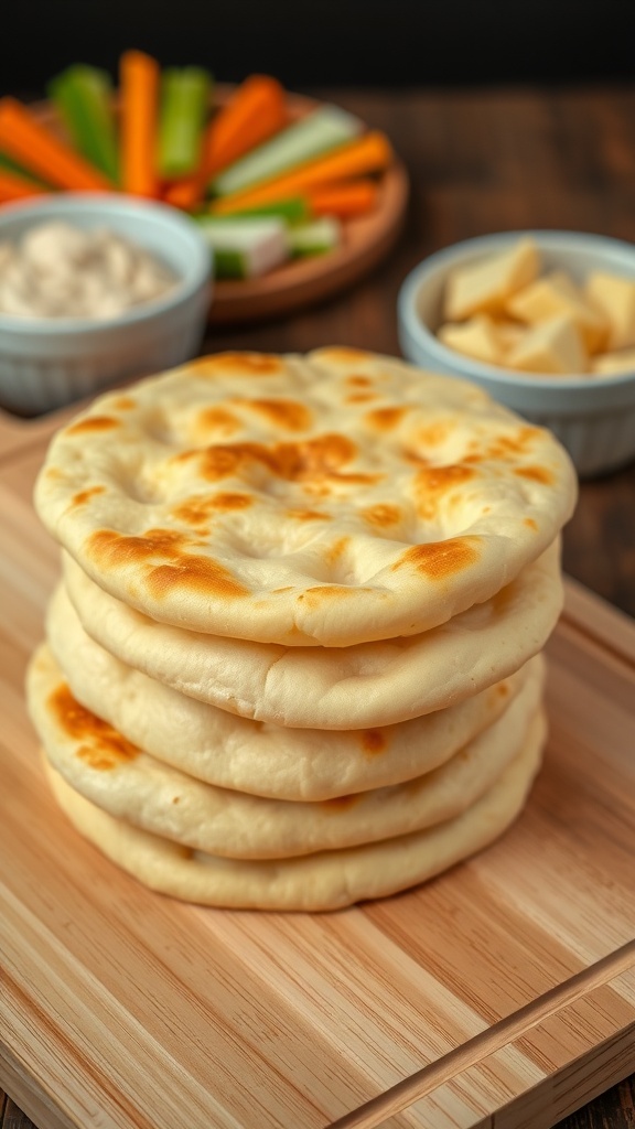 Freshly made pita bread stacked on a cutting board with hummus and vegetables in the background.